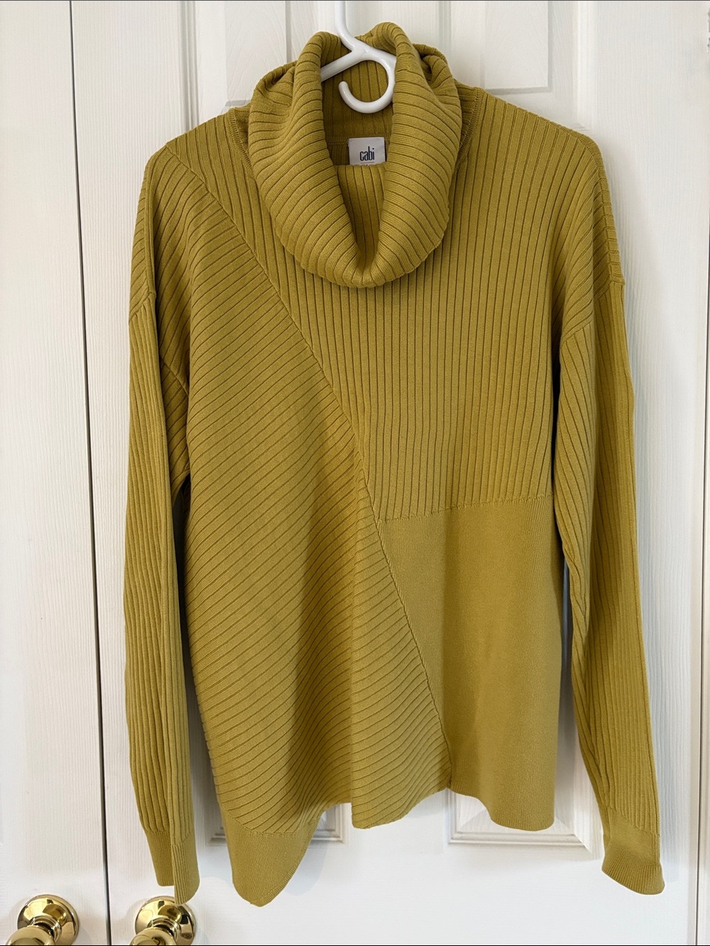 CAbi Olive-Gold Ribbed Cowl Neck Sweater